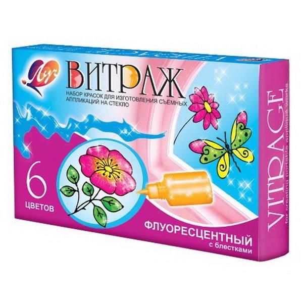 ЛУЧ 17С1160-08 Краски по стеклу Витраж флуоресцентный с блестками, 6 цветов, 135 г