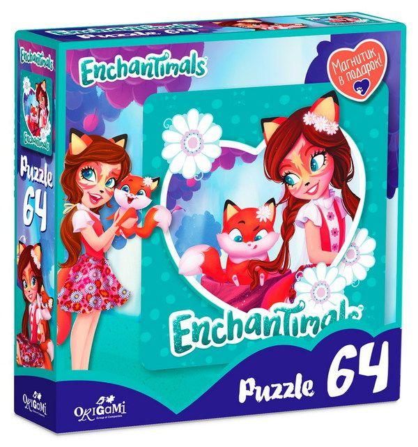 Origami 03554 Пазл Энчантималс Фелисити Лис и Флик (магнитик в подарок), 64 детали