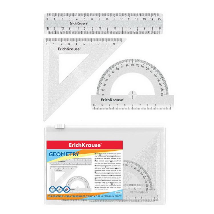 ErichKrause 53031ЕК Набор геометрический ErichKrause Clear Glitter линейка 15см, угольник 9см, транспортир 180° прозрачный с блестками в zip-пакете