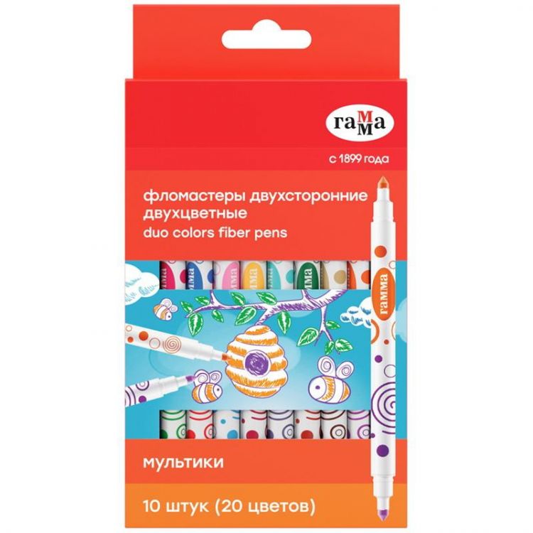 Гамма 08042003 Фломастеры Гамма Мультики 20 цветов 10 штук двухсторонние, смываемые