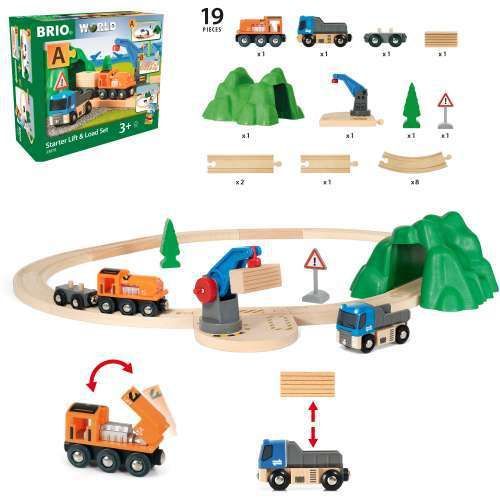 BRIO 33878 BRIO Погрузо-разгрузочный Ж/д набор, размер в собранном виде 66,6х59 см., 19 элементов, подъёмный кран на магните, кор. 31х12х27см.