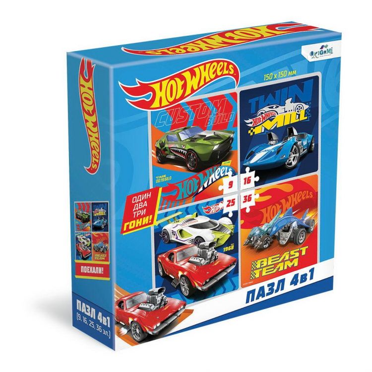ORIGAMI 07080 Пазл ORIGAMI Hot wheels Крутые гонщики 4в1 9-16-25-36 элементов