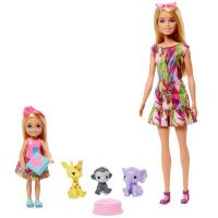Mattel GTM82 Игровой набор Mattel Barbie кукла Барби и Челси с питомцами жираф, слон и обезьянка
