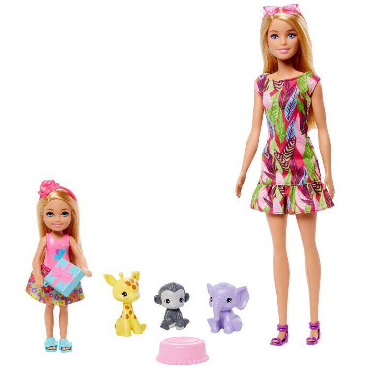 Mattel GTM82 Игровой набор Mattel Barbie кукла Барби и Челси с питомцами жираф, слон и обезьянка