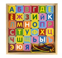 Alatoys КША3311 Деревянный конструктор-шнуровка "Азбука", 33 детали, 4 шнурка