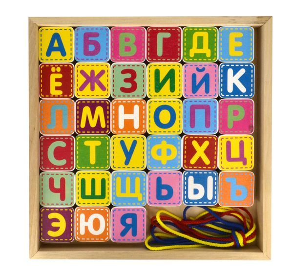 Alatoys КША3311 Деревянный конструктор-шнуровка "Азбука", 33 детали, 4 шнурка