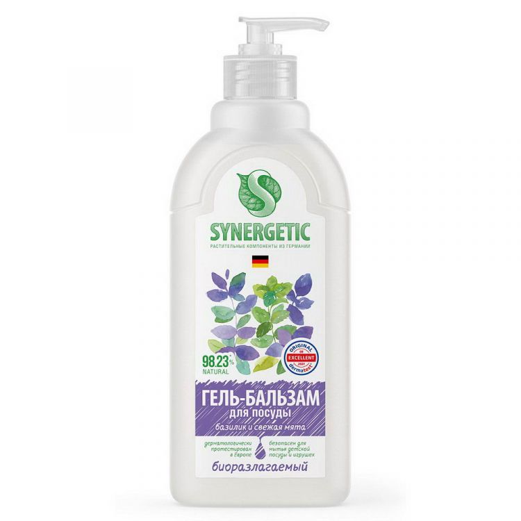 SYNERGETIC 103059 Гель для мытья посуды SYNERGETIC Гель-бальзам Базилик и свежая мята, биоразлагаемый 500мл