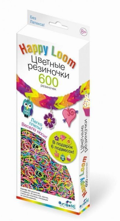 Happy loom 00802 Цветные резиночки Набор для плетения (600 резиночек, станок, крючок, 6 подвесок)