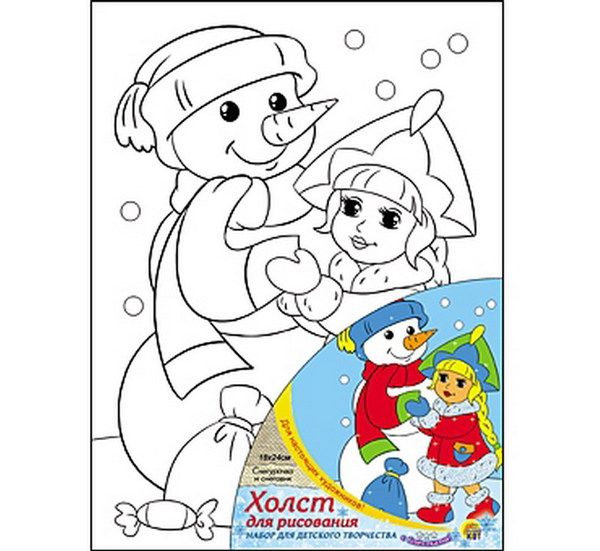 Рыжий кот Х-8714 Новый год. Холст с красками 18х24 см по номерам (с блёстками). СНЕГОВИК И СНЕЖНАЯ ДЕВОЧКА