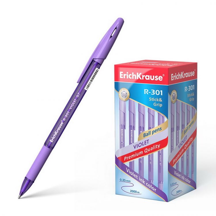 ErichKrause 44592EK Ручка шариковая ErichKrause R-301 Violet Stick&amp;Grip 0.7, цвет чернил фиолетовый (в коробке по 50 шт.)