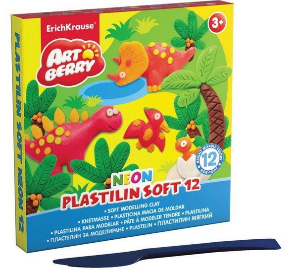 Пластилин мягкий Artberry NEON 12 цветов/240г, со стеком, в коробке