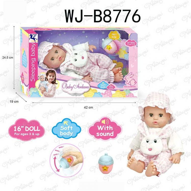 ABtoys (АБтойс) WJ-B8776 Пупс ABtoys Baby Ardana 40см в конбинезоне "Зайчик" с бутылочкой в коробке