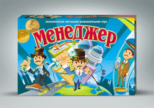 Игра "Менеджер" (Россия), поле, кубик, 4 фишки, 239 карточек акций и денежных едениц, инструкция