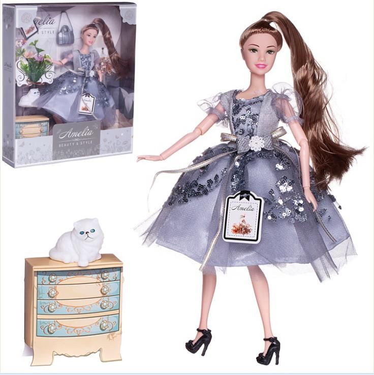 ABtoys (АБтойс) PT-01631 Кукла ABtoys "Amelia. Роскошное серебро" с котенком, платье с пайетками с прозрачными рукавами фонариками, русые волосы 30см