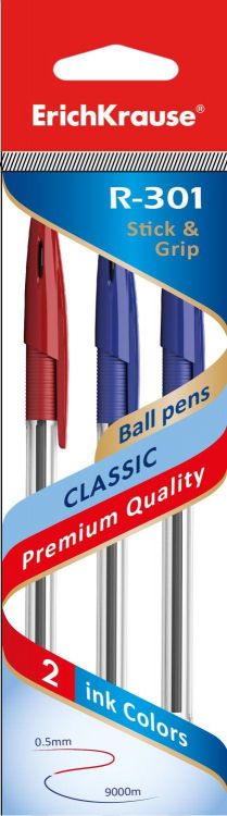 ErichKrause 42761EK Ручка шариковая R-301 CLASSIC 1.0 Stick&amp;Grip в наборе из 3 штук (пакет, две синие, одна красная)