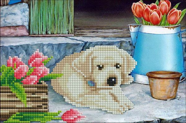 Рыжий Кот ACF011 Мозаика алмазная (классическая) 20х30см ЩЕНОК И ЦВЕТЫ, без подр., на карт., с част. заполн., 18 цв.