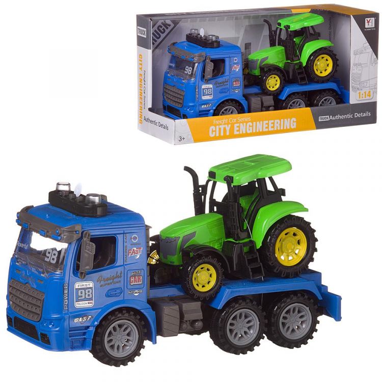 ABtoys (АБтойс) 98-615A/синий Игровой набор Junfa Грузовик с трактором, инерционный, со звуковыми и световыми эффектами, желтый, 34x12.5x17 см, 1:14