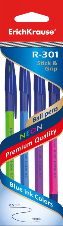 ErichKrause 42023EK Ручка шариковая R-301 NEON 0.7 Stick&amp;Grip в наборе из 4 штук  СИНИЕ (пакет)