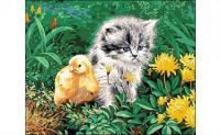 Рыжий кот Q1705 Холст с красками 40х50 см по номерам. КОТЁНОК И ЦЫПЛЁНОК