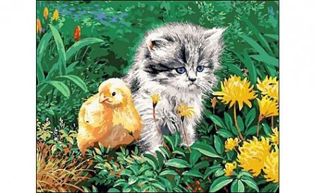 Рыжий кот Q1705 Холст с красками 40х50 см по номерам. КОТЁНОК И ЦЫПЛЁНОК
