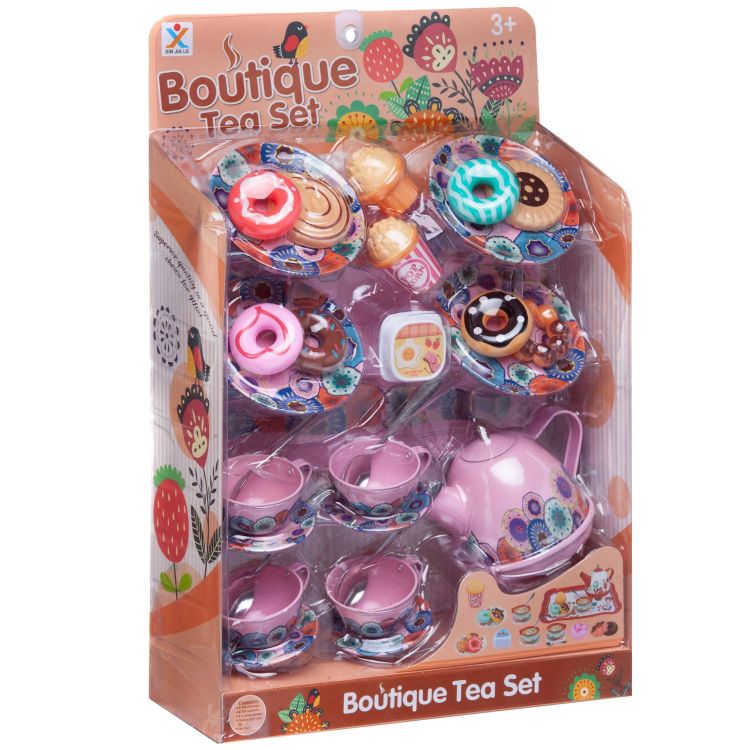 Junfa WK-14789 Игровой набор Junfa Посуда металлическая в наборе с чайником, чашками, блюдцами, подносом, продуктами, розовый