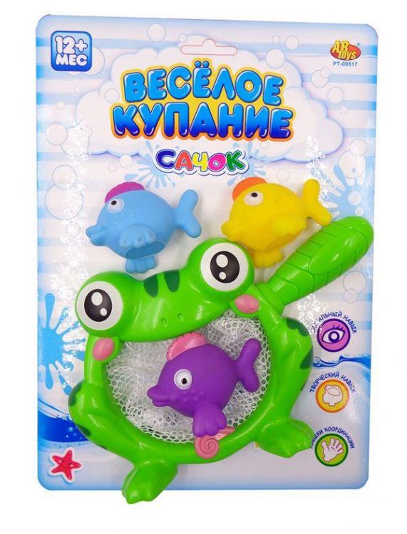 ABtoys PT-00517(WA-C9966) Резиновые игрушки для ванной "Веселое купание", в.наборе 4 шт. (3 рыбки и лягушка-сачок)