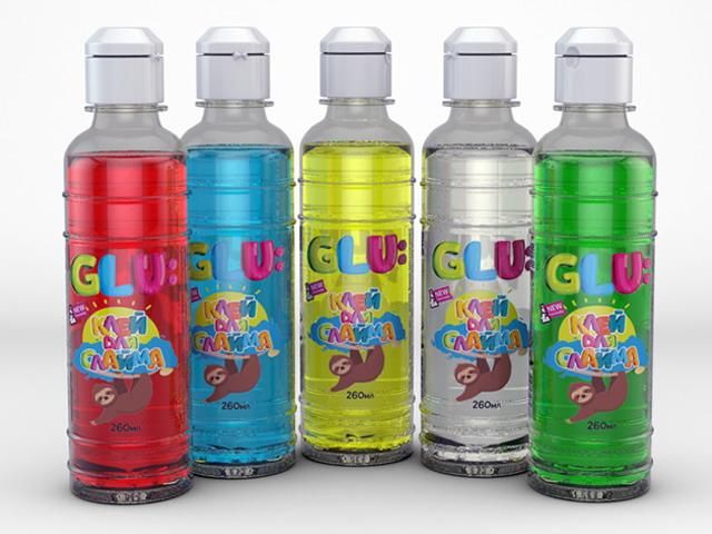 GLU: 1001пл Клей для слайма GLU: 260 мл, 5 цветов: синий, зеленый, красный, желтый, прозрачный