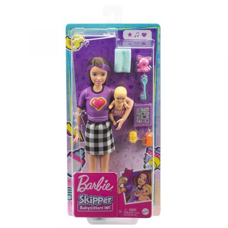 Mattel GRP11 Игровой набор Mattel Barbie Скиппер Няня в клетчатой юбке с малышом и аксессуарами