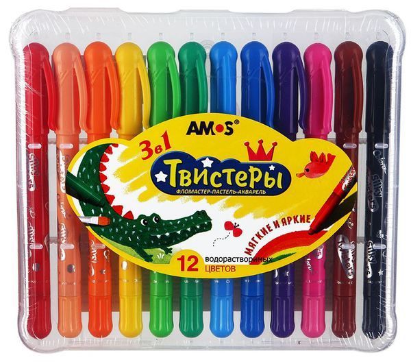 AMOS 22943 Набор карандашей 3 в 1 (фломастер-пастель-акварель) Твистер, 12 цветов