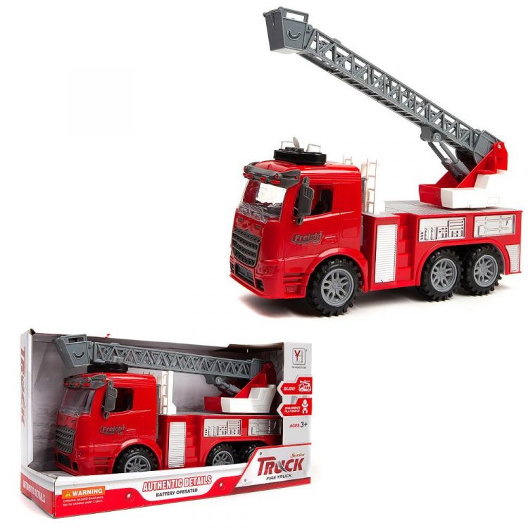 JUNFA 98-616A Машинка 1:14 "Пожарная машина с выдвижной лестницей", пластмассовая инерционная, со звук. и свет. эффектами, Индивидуальная упаковка 34х13х19см