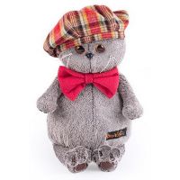 BUDI BASA Ks25-132 Мягкая игрушка Кот Басик в красном клетчатом берете с бантом из флиса, 25 см