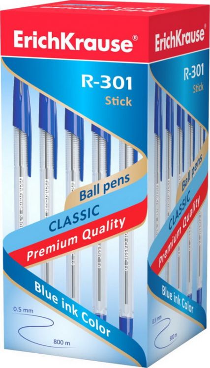 ErichKrause 43184EK Ручка шариковая ErichKrause R-301 CLASSIC 1.0 Stick, синяя (коробка 50 шт.)