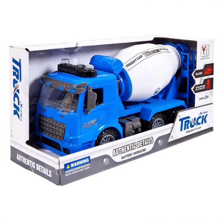 JUNFA 98612A Машинка 1:14 "Бетономешалка", пластмассовая инерционная, со звуковыми и световыми эффектами. 2 цв в ассорименте (синий/желтый). Инд уп 34х13х19 см.
