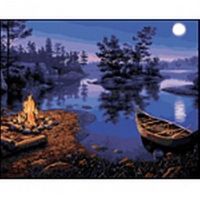 Рыжий кот Q872 Холст с красками 40х50 см по номерам. КОСТЁР У НОЧНОГО ОЗЕРА