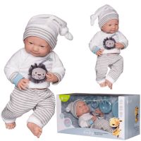Junfa WJ-22522 Пупс Junfa Pure Baby в белой со львенком кофточке, бело-серых в полоску штанишках и шапочке, с аксессуарами, 40см