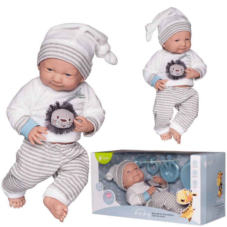 Junfa WJ-22522 Пупс Junfa Pure Baby в белой со львенком кофточке, бело-серых в полоску штанишках и шапочке, с аксессуарами, 40см
