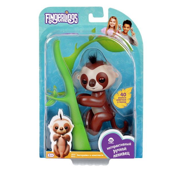 FINGERLINGS 3751 Ленивец интерактивный КИНГСЛИ (коричневый), 12 см