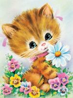 Рыжий кот Х-3338 Холст с красками 30х40 см по номерам. КОТЁНОК С ЦВЕТАМИ