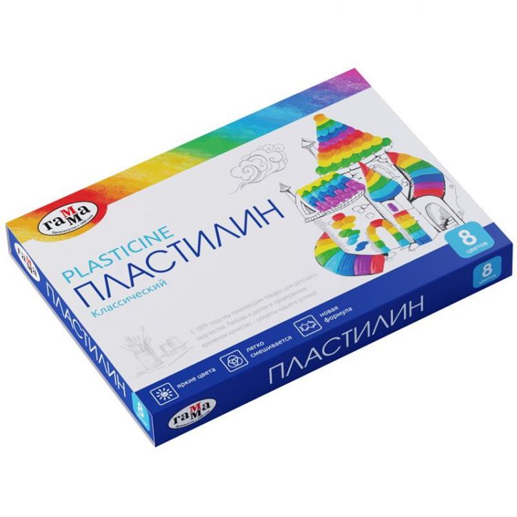 Гамма 281031 Пластилин Гамма Классический 8 цветов, 160г, со стеком Гамма 281031 Пластилин Гамма Классический 8 цветов, 160г, со стеком