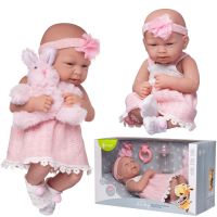 Junfa WJ-22520 Пупс Junfa Pure Baby в ажурном бело-розовом платье, в белых пинетках, с повязкой на голове, розовым плюшевым зайчиком и аксессуарами, 35см