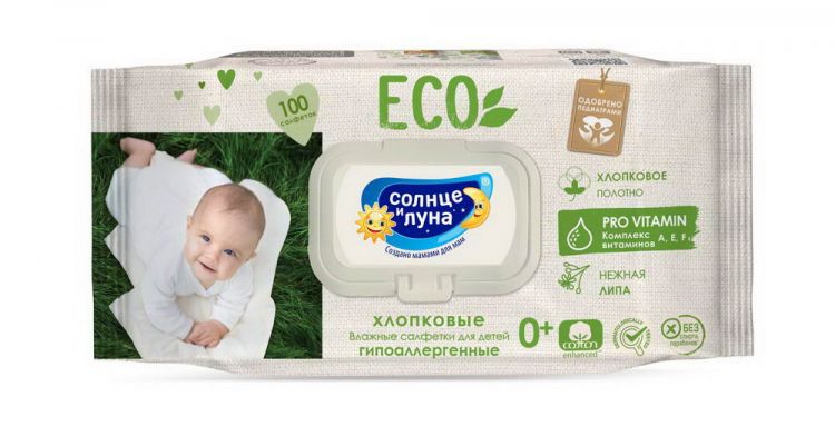 СОЛНЦЕ И ЛУНА 10303-КК Влажные салфетки СОЛНЦЕ И ЛУНА ECO детские хлопковые с экстрактом липы 100 штук