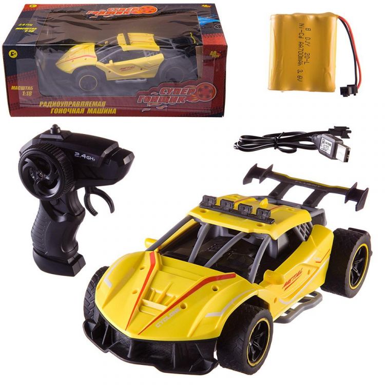 ABtoys (АБтойс) C-00477Y Машинка на радиоуправлении Abtoys гоночная 2,4Ггц, резиновые колеса, аккумуляторный блок, желтая 1:18