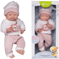 Junfa WJ-22521 Пупс Junfa Pure Baby в белой со львенком кофточке, бело-розовых в полоску штанишках и шапочке, с аксессуарами, 35см