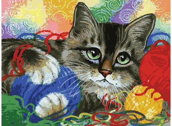 Раскраски по номерам на картоне. Котик с клубочками 30*40 см