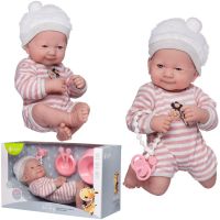 Junfa WJ-22518 Пупс Junfa Pure Baby в бело-розовом в полоску комбинезоне и белой с серой полоской шапочке, с аксессуарами, 35см