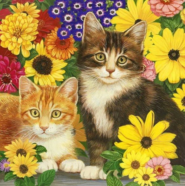 Рыжий кот ХК-7885 Холст с красками для рисования по номерам Пушистые котята в цветах, 40х50 см