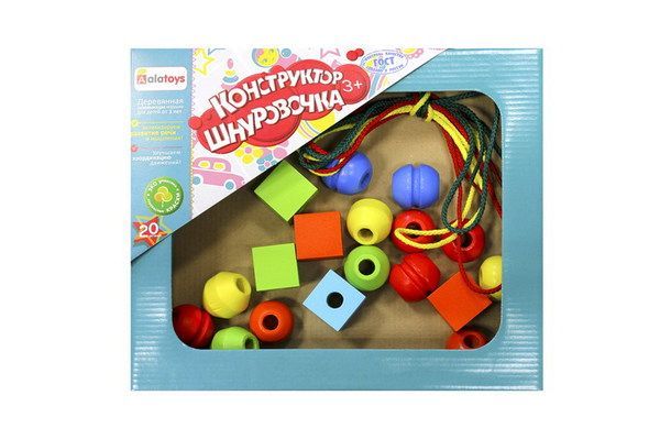 Alatoys КШН2001 Деревянный конструктор «Шнуровочка»  окрашенный со шнуровкой,   20 деталей, 3 шнура