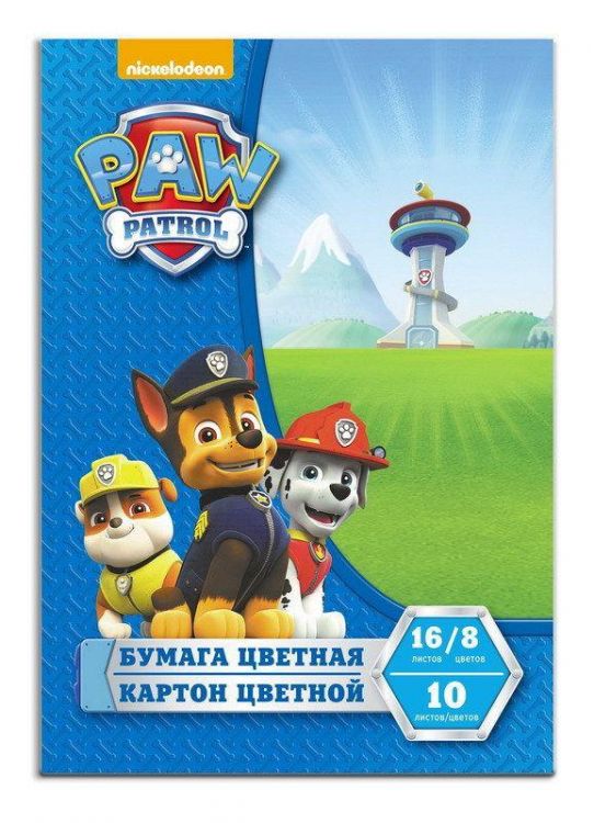 РОСМЭН 34015 Бумага цветная 16л 8цв.+ картон 10л 10цв "Щенячий патруль"