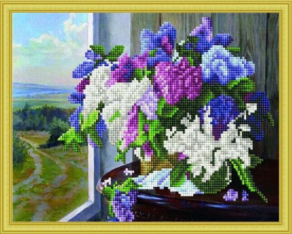Рыжий Кот ACH016 Мозаика алмазная (классическая) 30х40 см ЯРКИЙ БУКЕТ СИРЕНИ НА ОКНЕ, с подр.,с част. заполн.(26 цв.)