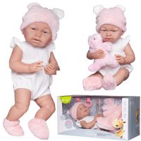 Junfa WJ-22525 Пупс Junfa Pure Baby в белом с оборками боди, розовых пинетках и шапочке с плюшевым белым медвежонком, с аксессуарами, 40см